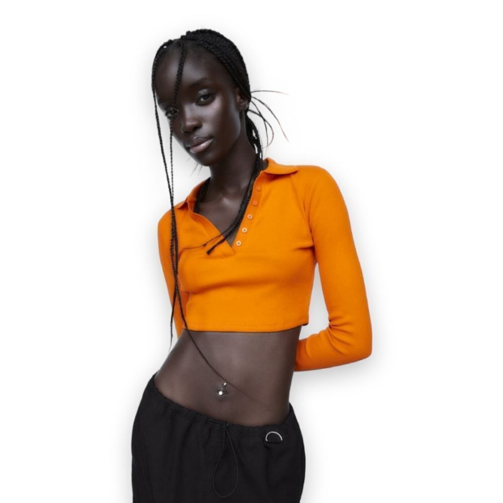 Zara Orange Ribbed Polo Long Sleeve Button V-Neck Long Sleeve Top US M BNWT